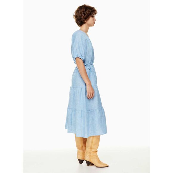 Aritzia Wilfred Decadence Linen Midi Dress Tiered size S Chambray Buoy Blue Shor - Picture 2 of 12